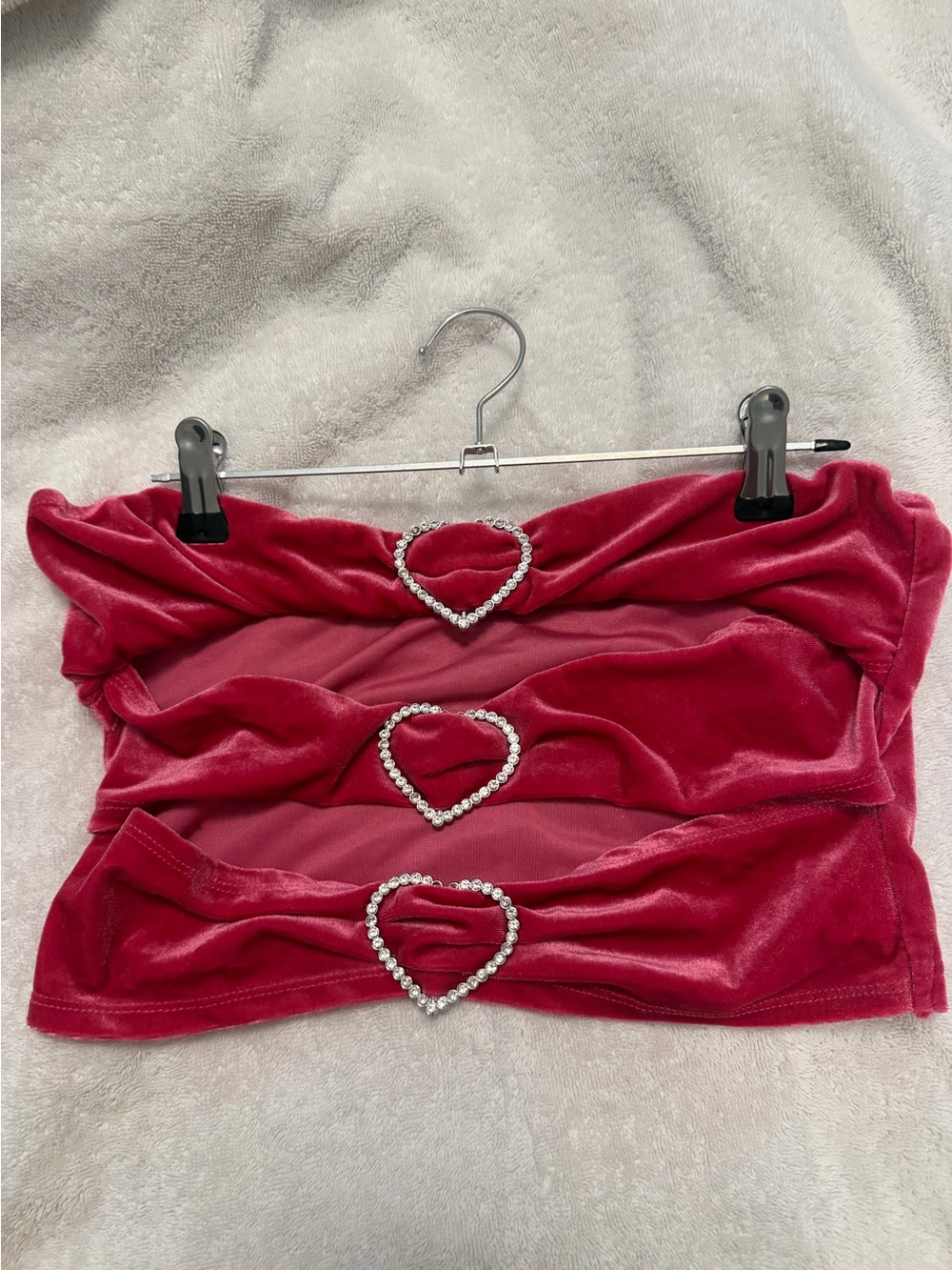 Velvet Red Strapless Bandeau with Heart Rhinestone Accents